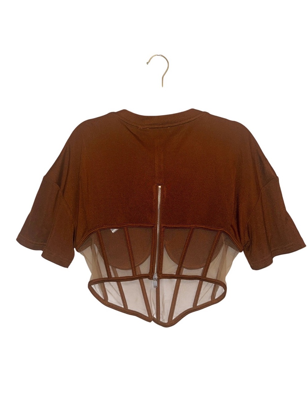 NWOT RTA Angelo Short Sleeve Corset Mesh Top Cognac Brown XS Extra Small - Picture 4 of 6